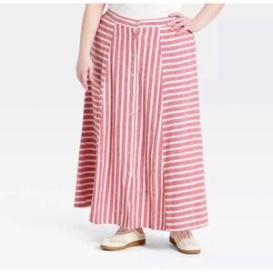 Universal Thread Red White Striped Linen Blend Button Front Maxi Skirt Large NEW